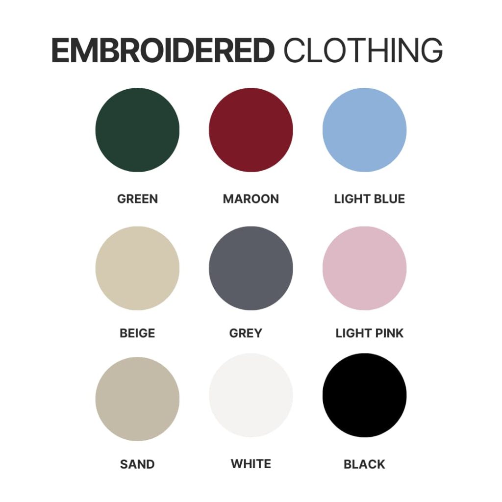 Embroidered clothing color chart 1 - Sausage Dog Gifts UK