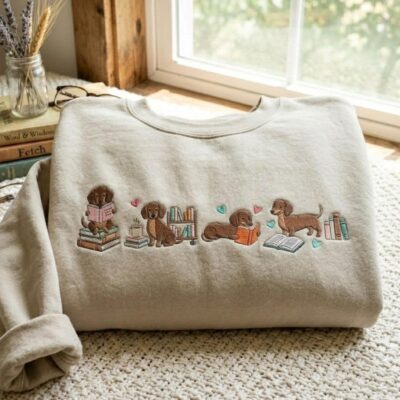 Dachshund Reading Embroidered Sweatshirt