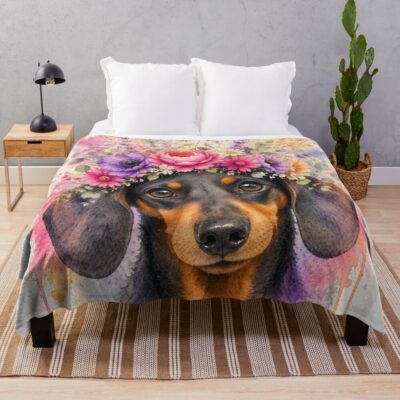 Floral Dachshund Design Throw Blanket
