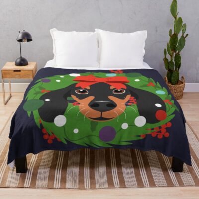 Sausage Dog Christmas Wreath Throw Blanket